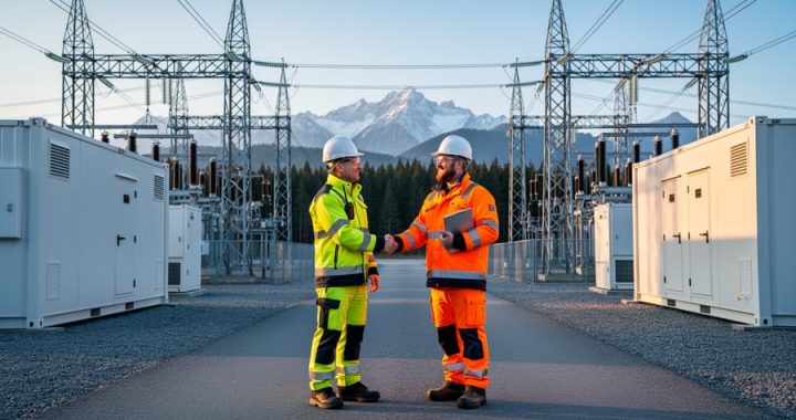 Two engineers wearing hard hats and safety vests shake hands beside containerized battery energy storage units and a utility substation, with transmission towers, conifer forest, and distant snow-capped mountains at golden hour.