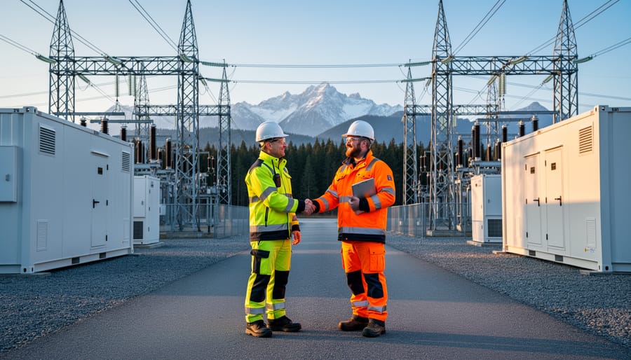Two engineers wearing hard hats and safety vests shake hands beside containerized battery energy storage units and a utility substation, with transmission towers, conifer forest, and distant snow-capped mountains at golden hour.