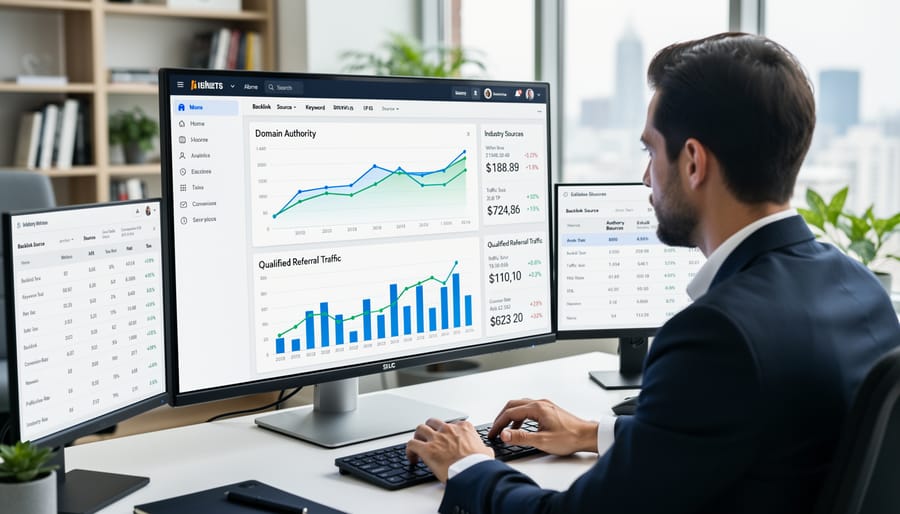 Overhead view of workspace with laptop and analytics tools for tracking SEO performance