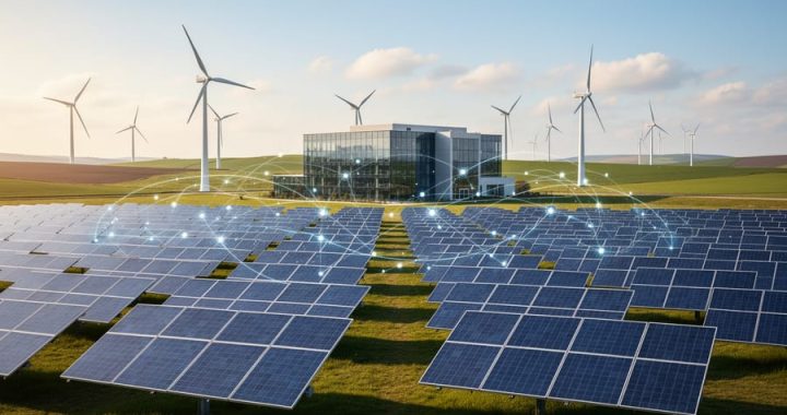 Solar panels in the foreground and wind turbines in the distance connected by subtle glowing network lines at golden hour, with a sleek data center softly blurred in the background, symbolizing dynamic, editable backlink infrastructure.