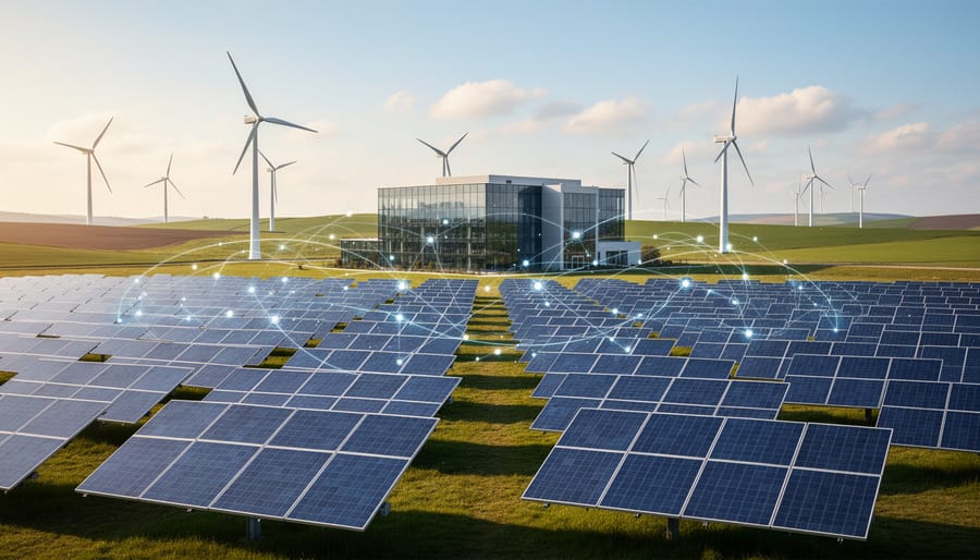 Solar panels in the foreground and wind turbines in the distance connected by subtle glowing network lines at golden hour, with a sleek data center softly blurred in the background, symbolizing dynamic, editable backlink infrastructure.