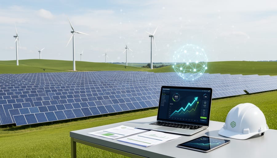 Solar panel farm with rows of photovoltaic panels under bright sunlight