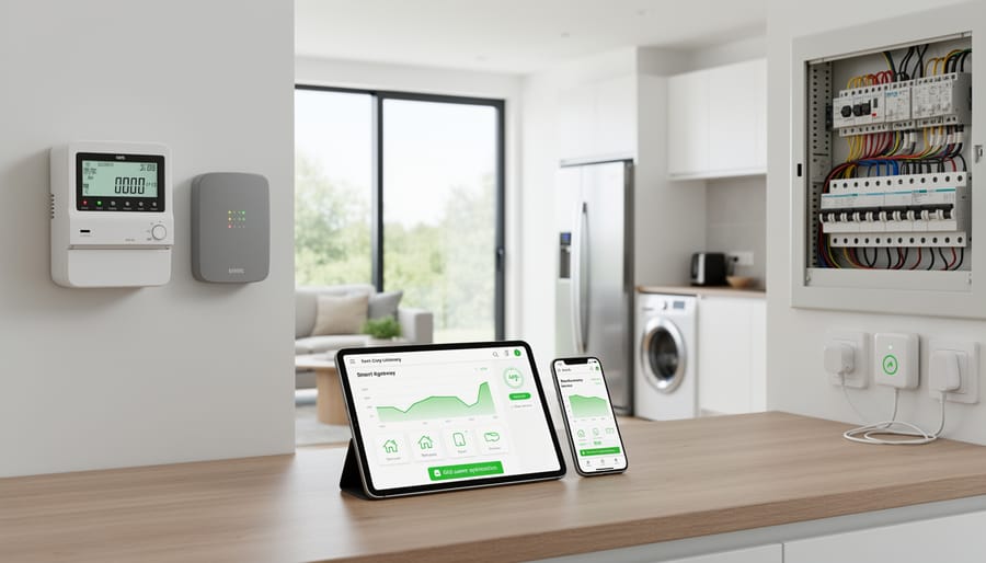 Close-up of an installed smart meter and in-home energy monitor near a utility panel.