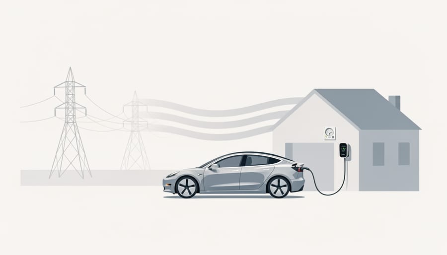 Electric vehicle connected to a home EV charger in a driveway at dusk.