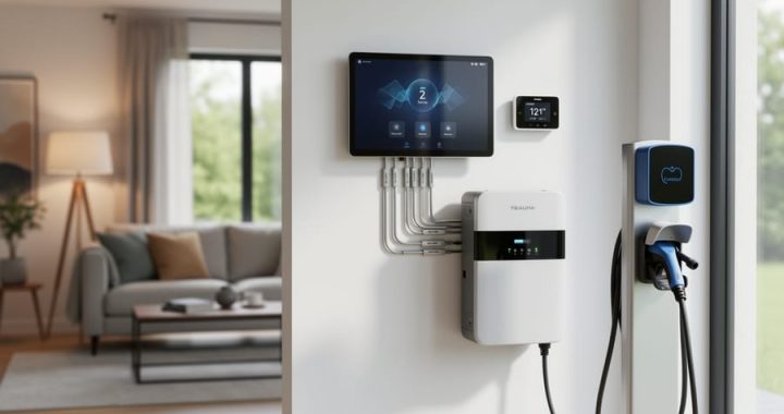 Home energy management system in a modern utility space with connected smart thermostat, battery storage unit, solar inverter, and EV charger hardware.