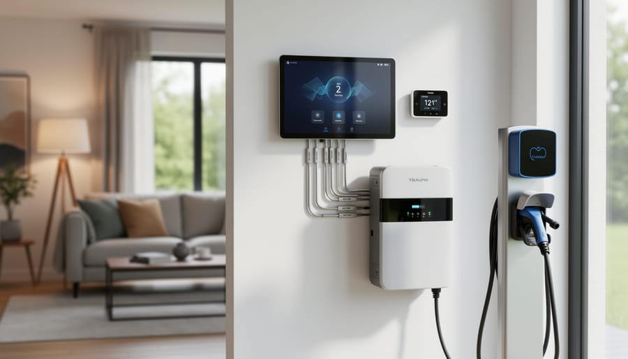 Home energy management system in a modern utility space with connected smart thermostat, battery storage unit, solar inverter, and EV charger hardware.