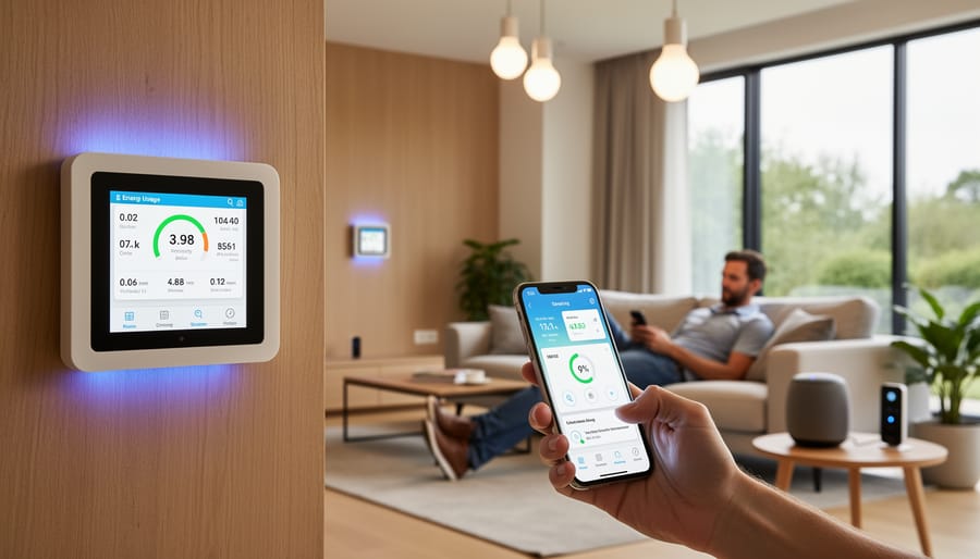 Person interacting with a smart thermostat next to a home energy gateway and smart meter area.