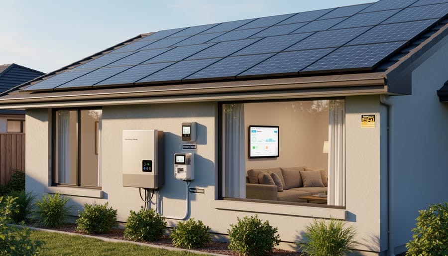 Rooftop solar panels with a nearby residential battery storage unit during golden hour.