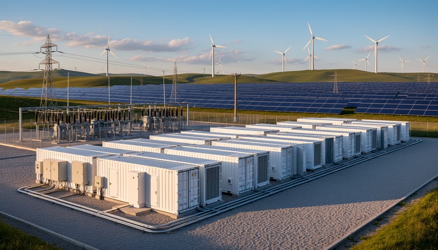Wide view of a battery energy storage container yard at dusk with power infrastructure in the background.