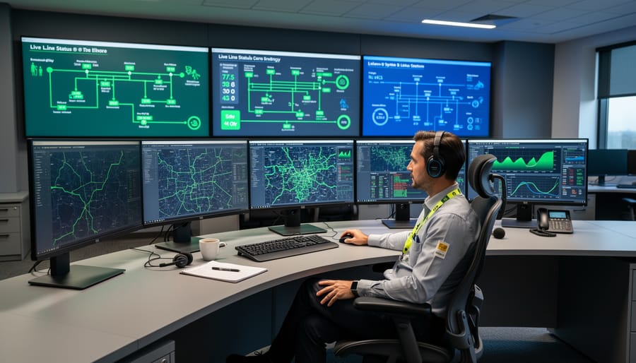 Control-room operator wearing a headset while monitoring power grid operations.
