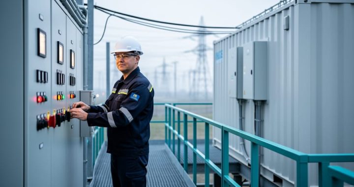 “Power plant and energy storage site operator in hard hat and safety gear standing near illuminated electrical switchgear beside containerized battery storage units.”