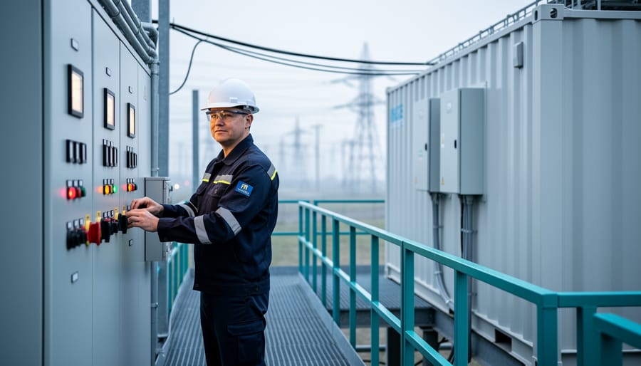 “Power plant and energy storage site operator in hard hat and safety gear standing near illuminated electrical switchgear beside containerized battery storage units.”