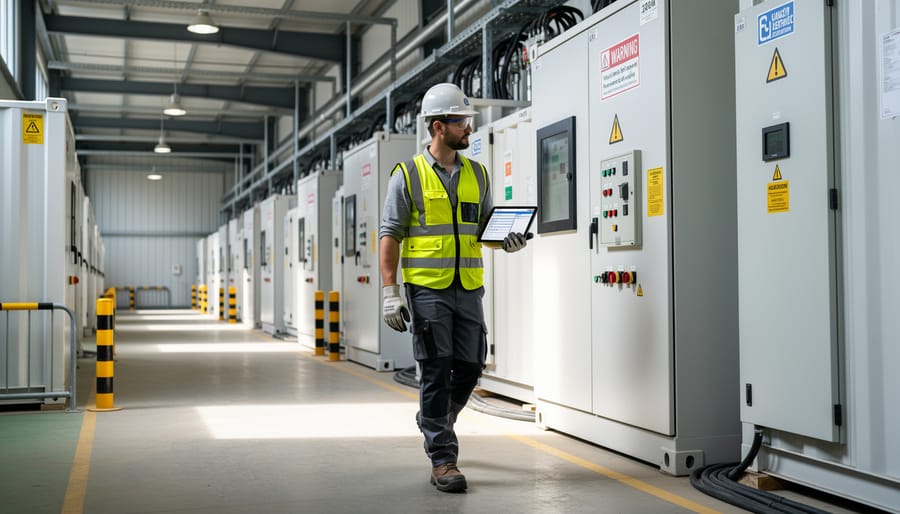 Operator walking along a battery storage site walkway in early morning light.